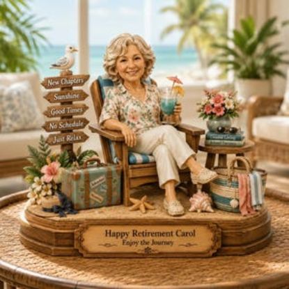 Personalized Retirement Bobblehead Figurine Wooden Block, Custom Beach Theme Keepsake Decor, Funny Retirement Gift for Women