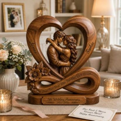 Personalized Couple Photo Heart Wooden Block, Custom Heart Infinity Sign Decor, Wedding Anniversary Gift, Love Sculpture Gift, Newlywed Gift