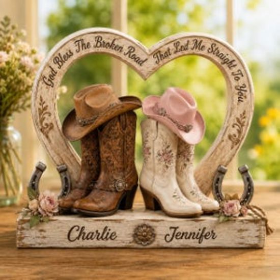 Personalized Cowboy Cowgirl Couple 2D Flat Wooden Block, Custom Western Love Sign,Cowboy Boots & Hats Anniversary Gift, Rustic Country Decor