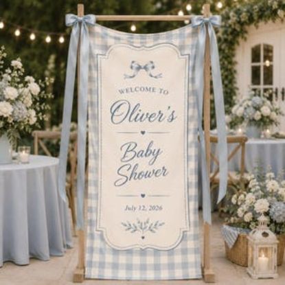 Personalized Baby Shower Banner, Custom Blue Gingham Welcome Polyester Sign, Party Backdrop Decor Event Backdrop
