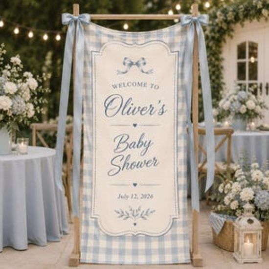 Personalized Baby Shower Banner, Custom Blue Gingham Welcome Polyester Sign, Party Backdrop Decor Event Backdrop